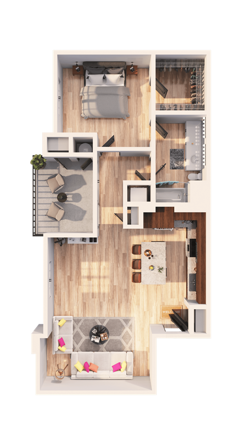 Floor plan for 1 bed, 1 bath, 725 sqft
